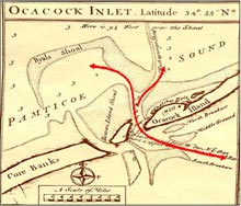 Edward Moseley's 1773 map of Ocracoke Inlet.