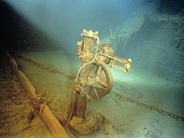 A view of the stearing motor on the bridge of the Titanic.