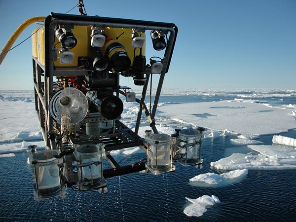 Global Explorer ROV returns from a dive deep below the Arctic ice.