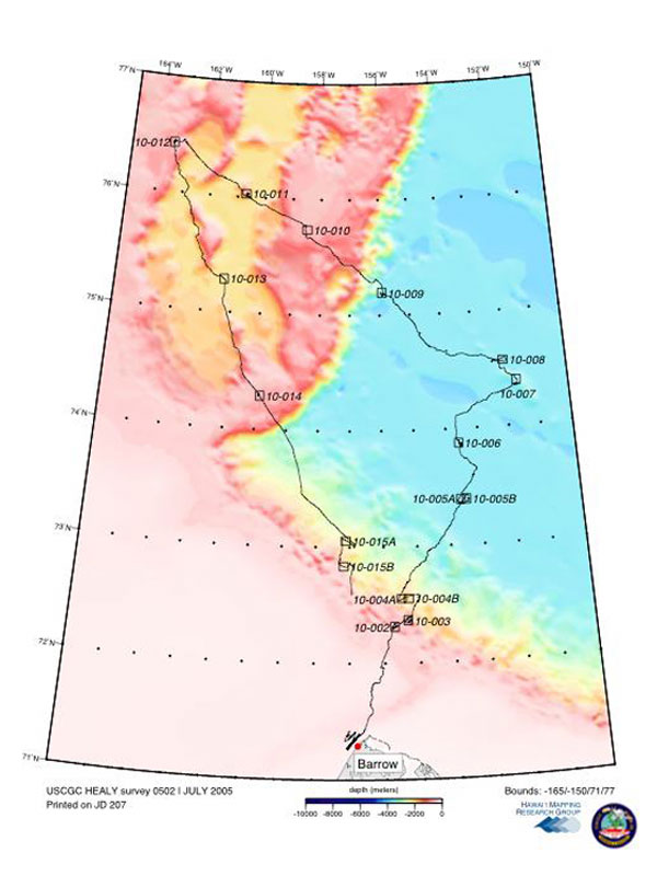 Bathymetric map showing the station locations and cruise track of the USCGC Healy during the Hidden Ocean expedition.