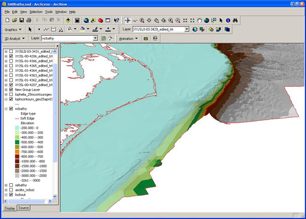 Screen capture of the 3-D mapping program, ArcScene.