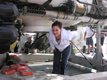 Teacher Elisabeth Jacobi exits the aft chamber of the Johnson-Sea-Link submersible, elated after her first deep sea dive.