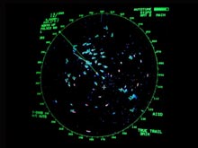 Radar screen showing ships clustered in Galveston Fairway Anchorage
