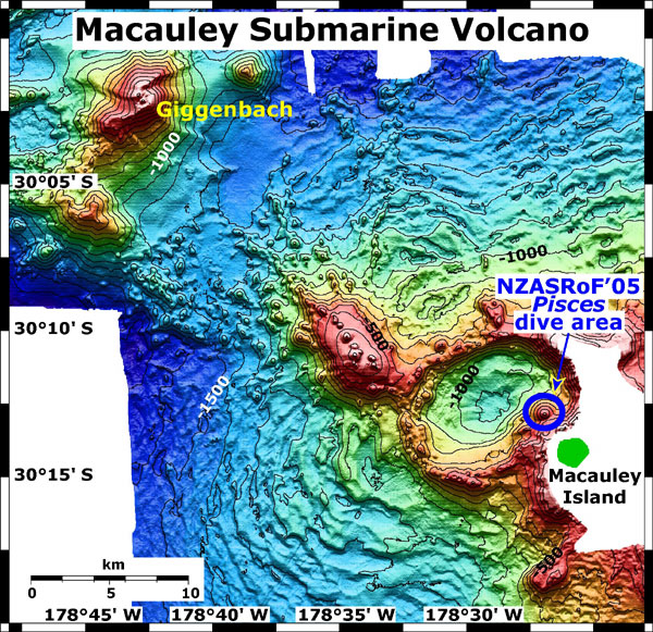 Map view of Macauley and Giggenbach submarine volcanoes.  NZASRoF'05 submersible dive site and Macauley Island are indicated.