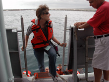 Chief Scientist, Rachel Haymon, takes her first step on board the RV Thompson.