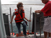 Chief Scientist, Rachel Haymon, takes her first step on board the R/V Thompson.