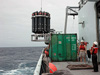 CTD and Niskin bottles are lowered over previously identified hydrothermal plume sites to collect additional data.