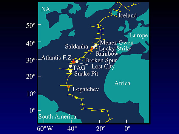 Locations of Hydrothermal Fields on the Mid-Atlantic Ridge