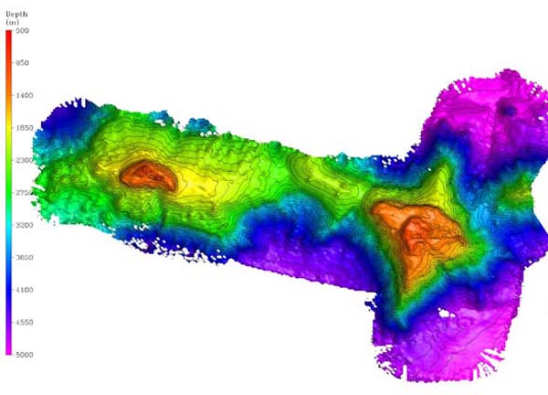 Bathymetry of the Milne-Edwards (western) and Verrill Seamounts (eastern)