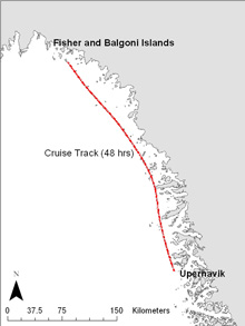 Map of cruise track departing from Upernavik and sailing north along the West Greenland coast to Melville Bay.