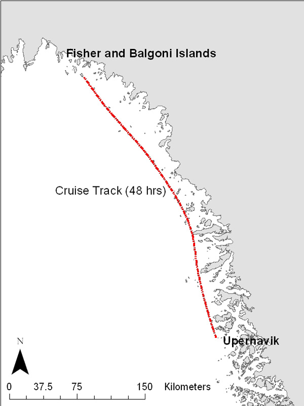 Map of cruise track departing from Upernavik and sailing north along the West Greenland coast to Melville Bay