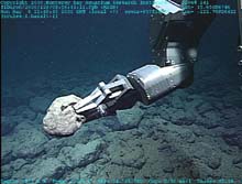 The manipulator arm of ROV Tiburon collects a piece of basaltic lava.