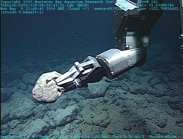 The manipulator arm of ROV Tiburon collects a piece of basaltic lava. 