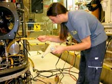 ROV pilot Bryan Schaefer used a heat gun during repairs to an electrical cable in the hydraulic system.