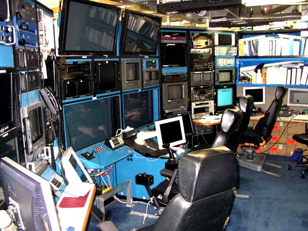 The control room stations from L to R: Co-pilot, Pilot, Science, Annotation, and Navigation. 