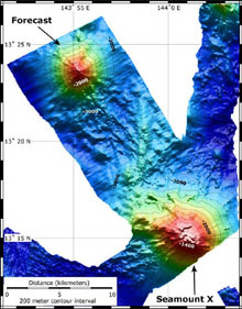Map location and topography view of Seamount X and Forecast.