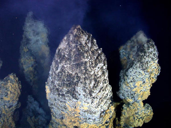 Beehive-type tops of the chimneys are expelling hydrothermal fluids that make 'smoke' upon mixing with the surrounding seawater.
