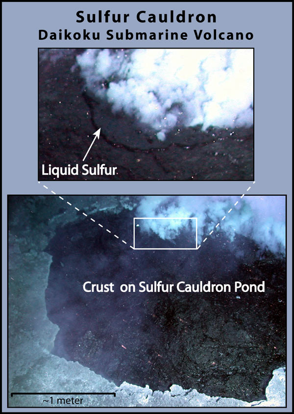 At Daikoku volcano, a black pool of liquid sulfur with a solidified sulfur crust.