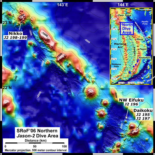 The northern Mariana Arc submarine volcanoes visited on the SRoF'06 expedition.