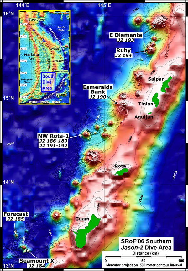 The southern Mariana Arc submarine volcanoes visited on the SRoF'06 expedition.
