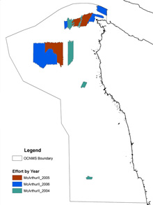 Location and extent of side scan sonar mapping efforts in support of deep-sea coral exploration (2004-2006).