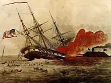Colored lithograph of the Sinking of the Cumberland by Currier and Ives, 1862
