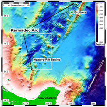 A view of the cruise targets for the NZASRoF'07 expedition in Pacific Ring of Fire (Brothers Submarine Volcano to Ngatoro Rift Basins).