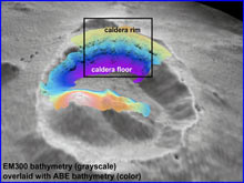 ABE high resolution bathymetry overlaid on EM300 bathymetry at Brothers volcano.