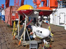 Making final checks on the ABE autonomous vehicle before its first dive at Brothers submarine volcano.