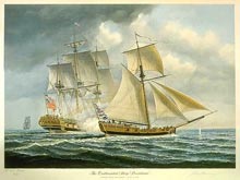 John Mecray painting, depicts the British frigate Cerberus engaged in a skirmish with the American sloop Providence.