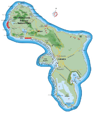 This map of the island of Bonaire and Klein Bonaire shows the marine reserve areas of the leeward side marked in red along the coast