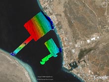 Bathymetric charts overlaid on top of a satellite photos help to identify target areas for deep trimix diving and will help the marine park managers inventory the shallow and deep reef areas of Bonaire.