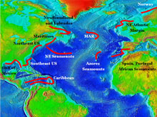 Figure 2. General areas (denoted by red lines) where deepwater corals occur in the North Atlantic, Caribbean, and the Gulf of Mexico. 