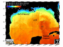Figure 3. Sea surface height contours overlaid on a weekly composite sea-surface temperature image of the Gulf of Mexico.
