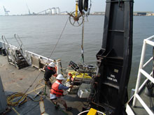 Recovering the ROV after its trial run.