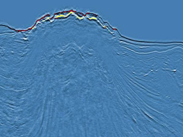 Three-dimensional seismic data were used to examine the sea floor.
