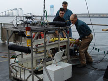 The Saab SeaEye Falcon DR ROV is loaded into its protective 'garage' prior to launch.