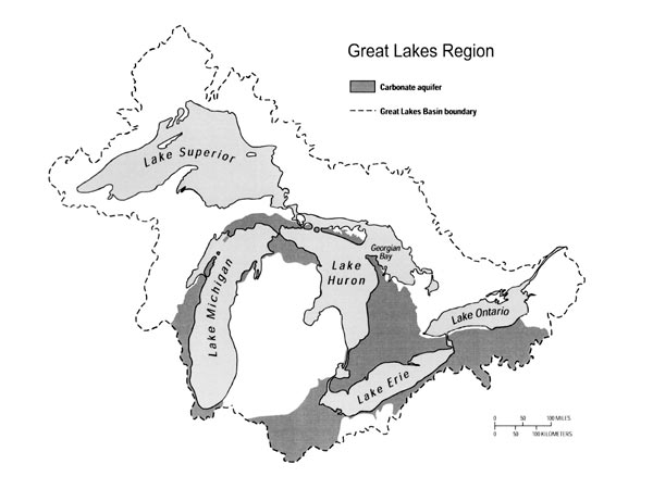 Map of the North American Laurentian Great Lakes Basin showing regions of karst limestone formations and regions of above ground limestone formations in Alpena County, MI and submerged sinkholes including the study sites.