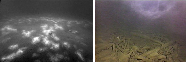 Figure 2. ROV image of sediment surface of the deep, aphotic Isolated Sinkhole showing the brown and grey mats and a near-bottom nepheloid layer (Biddanda et al., 2006). Left Panel: ROV-video still images of conspicuous benthic grayish-white and brown mats, composition unknown; Right Panel: ROV image of sediments and exposed logs in Isolated Sinkhole (93 m). 