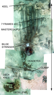A photo-mosaic of the Black Rock Wreck's hull components exposed in the transverse trench excavated across the site.