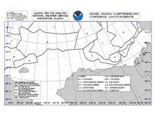 NOAA ice maps, updated every few days, are the best source for current and projected ice locations.