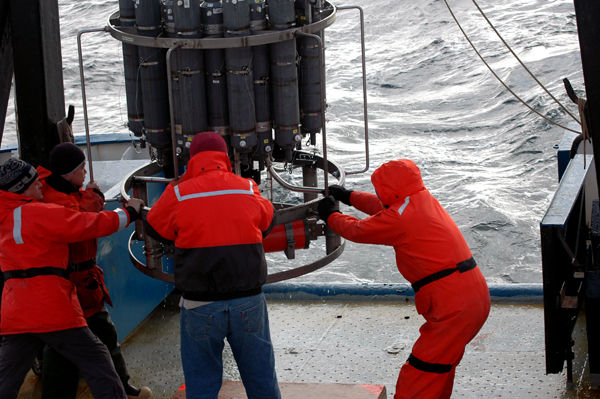 Mike Kong, Vladimir Bakhmutov, Dan Torres, and Russ Hopcroft help guide the swinging rosette to its pallet during a swell. The rosette weighs 760 pounds even without bottles or instruments and is deployed and recovered by a winch-wire. During heavy seas or a swell, the rosette can be hard to control both on deck and in the water.