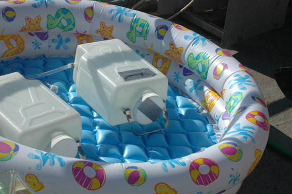 The phytoplankton experiment would not be possible without the aid of an inflatable baby pool, one of the many unusual items onboard.
