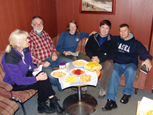 RUSALCA managers and chief scientists onboard the R/V Lavrentiev, 2008. From left to right, Kathy Crane, Terry Whitledge,  Rebecca Woodgate, Kevin Wood, and Vladamir Smolin.