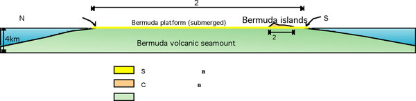 Cross-sectional view across the Bermuda Pedestal showing the relationship between limestone and volcanic rocks..