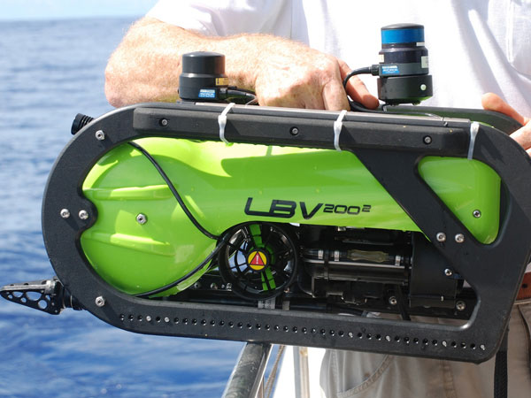 The SeaBotix LBV (Little Benthic Vehicle) ROV used for exploration of potential underwater caves during the expedition. Its small size (21 inches long) makes it an ideal tool for exploring small underwater spaces.   