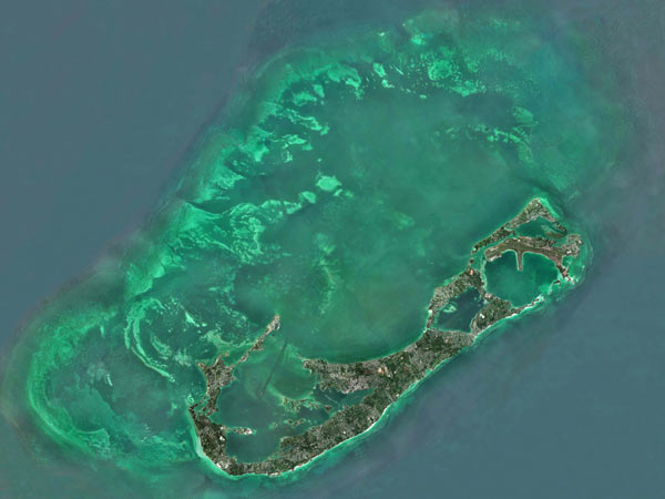 Overhead view of Bermuda showing the island and the reef platform. Photo courtesy of Bermuda Zoological Society.