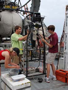 Dr. Erika Raymond, Dr. Sonke Johnsen, and Marine Biology undergrad, Ryan Keith, prepare the Eye-in-the-Sea for the first dive of the expedition.