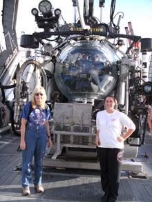 Dr. Tamara Frank, chief scientist and graduate advisor, and Gabby Barbarite prepare to enter the Johnson Sea Link II.
