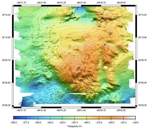 High-resolution bathymetry of Viosca Knoll (VK) 826 will be used in combination with pictures taken by Sentry AUV to spot areas of coral assemblages shown by the topography in the map.
